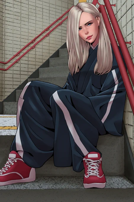 地下鉄の階段に座る女のイラスト 