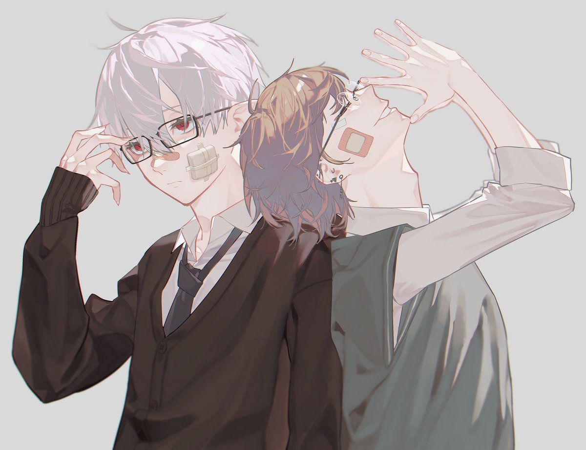 kuzuha (nijisanji) multiple boys 2boys bandaid red eyes glasses male focus brown hair  illustration images