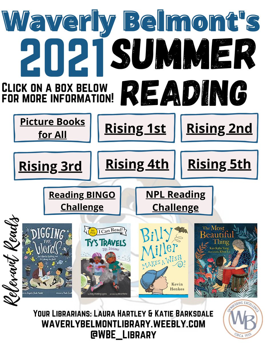 WBE_Library's tweet image. Who&apos;s ready for #SummerReading?? The WB Library has you covered on reading lists, reading challenges &amp;amp; access to free books this summer! Visit this link to check it out! waverlybelmontlibrary.weebly.com
@MNPSLibraries @WBESBulldogs @WaverlybelPTO