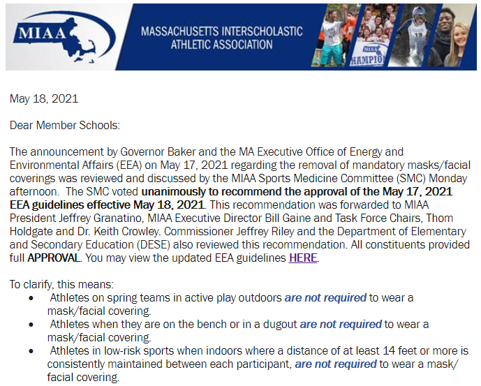 MIAA033's tweet image. Read important #MIAA information regarding recent @MassEEA updated guidelines #NoMoreMaskOutdoors

#OneTeamOneMIAA
#patience

Final decision on additional guidelines is at the local level.

miaa.net/contentm/easy_…
