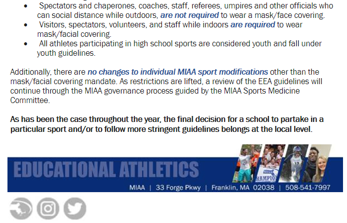 MIAA033's tweet image. Read important #MIAA information regarding recent @MassEEA updated guidelines #NoMoreMaskOutdoors

#OneTeamOneMIAA
#patience

Final decision on additional guidelines is at the local level.

miaa.net/contentm/easy_…