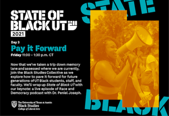Warfield_UT's tweet photo. The future was the focus of the third day of #StateOfBlackUT #SOBUT21. We explored new and proposed initiatives paving the way for future generations of Black students, faculty, and staff. Plus, a keynote from Dr. Peniel Joseph.
Watch here: https://t.co/OmPgJIMYUU https://t.co/HEp0ua4jK3