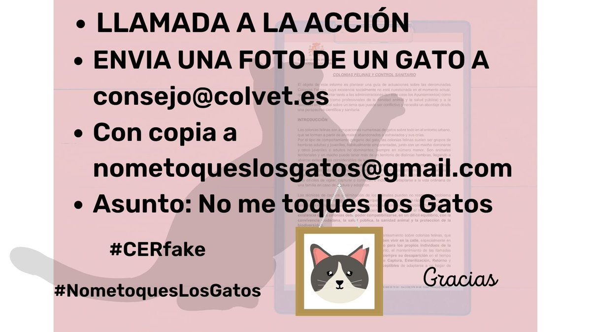 Tiene base jurídica es informe? #Nometoqueslosgatos #CERfake Los gatos necesitan una gran respuesta para protegerlos 📢Manda un mensaje, con foto de un gato a consejo@colvet.es con copia a nometoqueslosgatos@gmail.com ‼️Asunto: No me toques los gatos