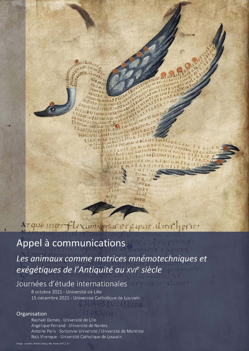 Appel à communication toujours en cours sur le thème "Les animaux comme matrices mnémotechniques et exégétiques de l’Antiquité au XVIe siècle" jusqu'au 31 mai 🗓️