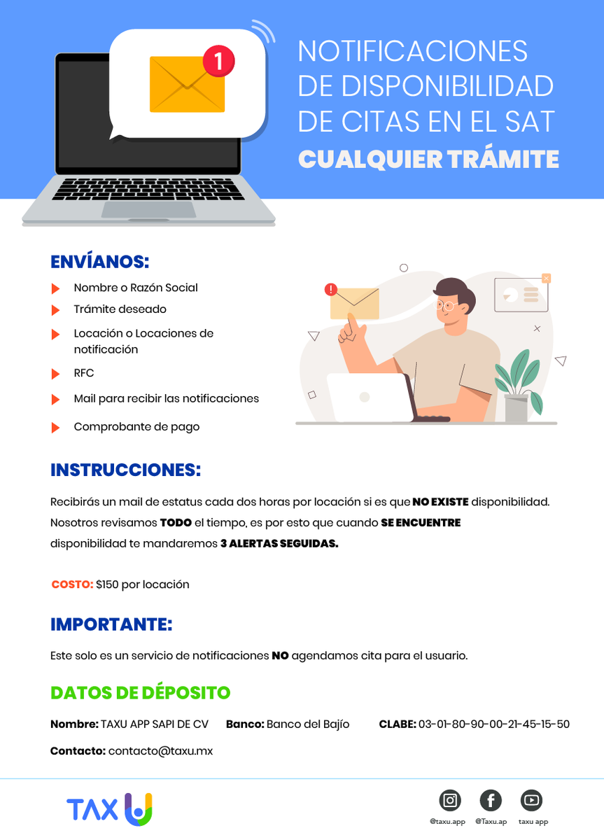 taxuapp's tweet photo. ¡Buenos días! ¿Buscas notificaciones de algún trámite diferente de e.firma personas físicas?. Aquí te dejo nuestro boletín. 
👀OJO: Difierente de e.firma personas físicas porque este servicio cuesta $15 en la APP 
#citasSAT #CitaSAT https://t.co/I8AHFqaf1M