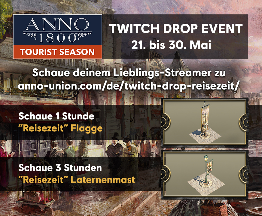 Ich habe super <a href="/ANNO_DE/">Anno</a> Neuigkeiten für euch!

Ab Freitag starten wir mit den "Reisezeit" Pre Release Streams inkl. "Twitch Drops". Gemeinsam mit euch schauen wir uns die neuen Anno Features, Gebäude und QOL Verbesserungen an. 

Danke <a href="/ANNO_DE/">Anno</a> !!!!

Vorweg eure möglichen Drops 👇
