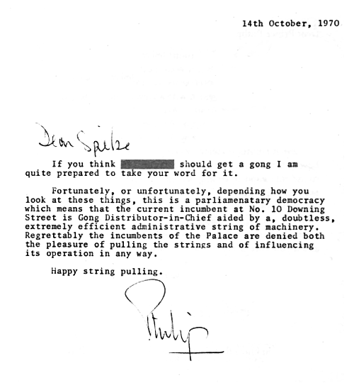 Here's Prince Philip telling Spike Milligan he can't nudge anyone onto the honours list.
