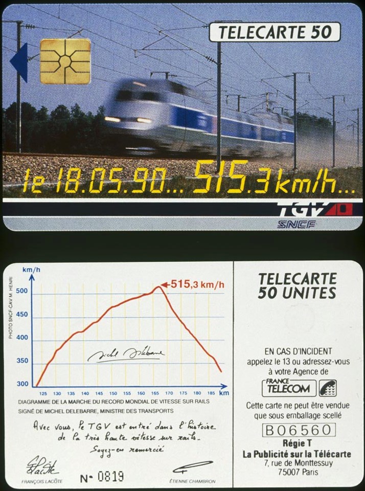 Collector SNCF : la carte téléphone du record de vitesse du TGV le 18/05/90 à 515.3 km/h avec le diagramme vitesse au dos.
C'est son anniversaire aujourd'hui. ⤵️
#PatrimoineSNCF