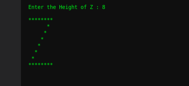 msgeekytaurus's tweet image. Day 49: Daily-Pattern Challenge
#100daysOfCode #WomenWhoCode #womenintech
Build your looping logic with this fun challenge by solving this pattern with your preferable languages👍

Today&apos;s Pattern👇 Alphabet #Z