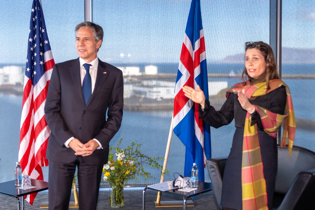 SecBlinken's tweet photo. It was a pleasure to meet with Icelandic Prime Minister @katrinjak here in Reykjavik. We greatly value Iceland’s global efforts on human rights and climate solutions. https://t.co/yFe2fbiylO