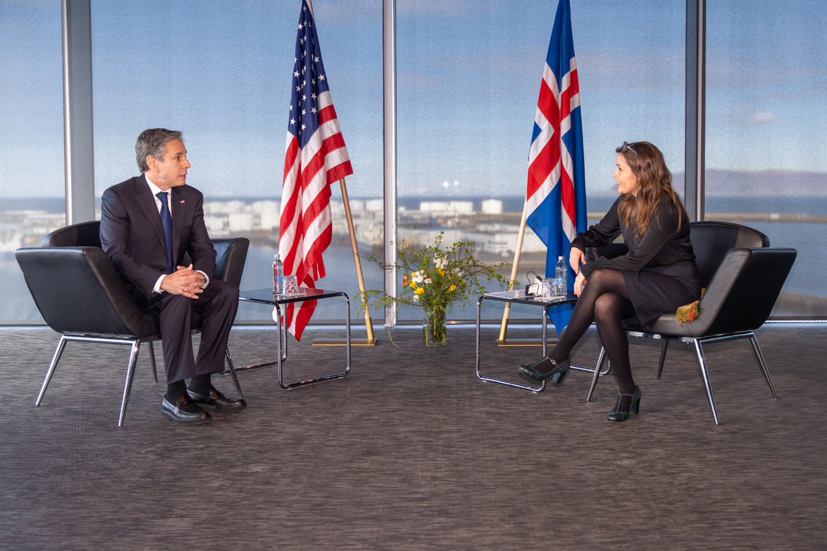 SecBlinken's tweet photo. It was a pleasure to meet with Icelandic Prime Minister @katrinjak here in Reykjavik. We greatly value Iceland’s global efforts on human rights and climate solutions. https://t.co/yFe2fbiylO