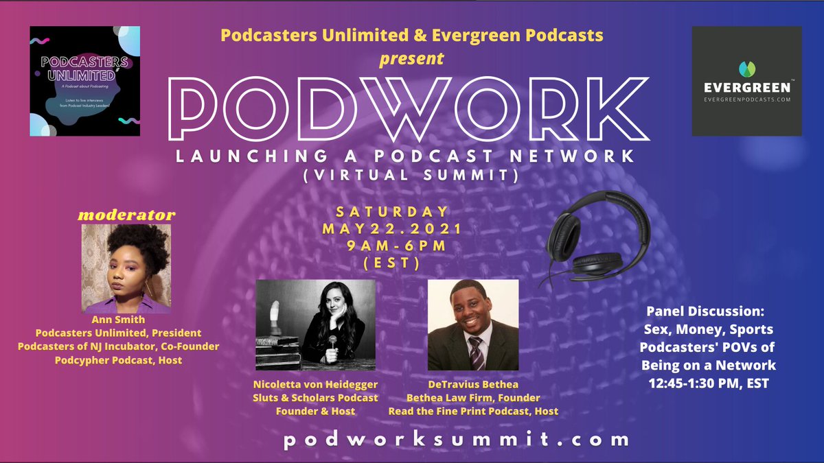 podcastersunltd's tweet photo. Hear from podcasters what it's like to be part of a podcast network, live at PODWORK: Launching a Podcast Network (Virtual Summit) on May 22nd! - https://t.co/pOi0EiMHyb with Nicoletta Von Heidegger &amp; @dbethea_esq, moderated by @renee1443! Sponsored by @StreamEvergreen!
#PODWORK https://t.co/aHOD7mWa2V