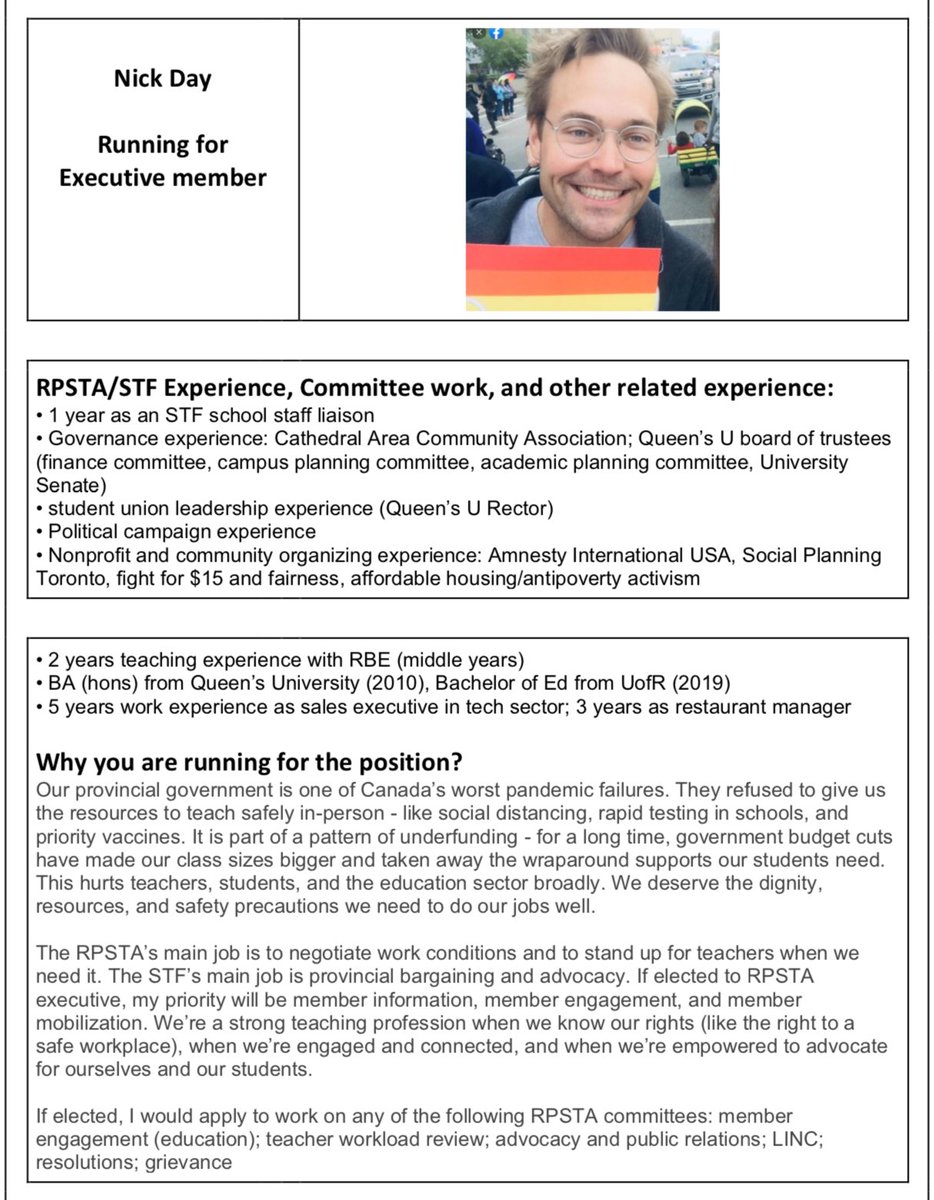 Teachers, VOTE today! Nick Day and Raylee Perkins are running for RPSTA executive. We are strong advocates for teachers and students. You got an email in your non-work with a link to vote. You can vote for up to 4, and a minimum of 1, candidates. It takes 14 seconds - vote now!
