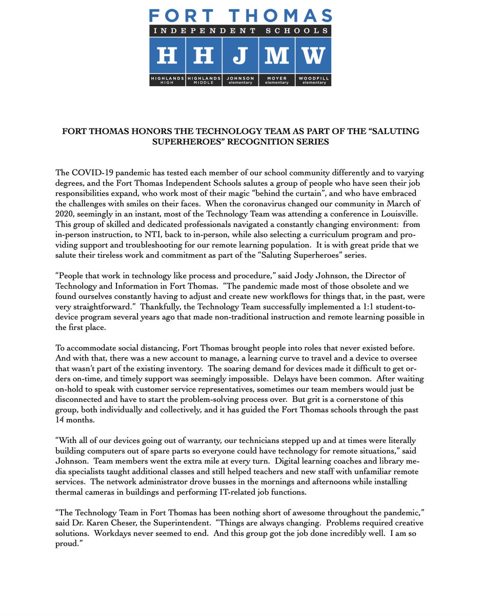 FTSchools's tweet image. The Technology Team in Fort Thomas has amazed us with their planning, creativity, problem-solving and willingness to overcome obstacles to get the job done superbly.

They are superheroes in a pandemic, and we take this time to say "thank you", both individually and collectively!
