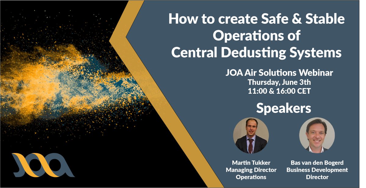 FREE WEBINAR: How to create Safe &amp; Stable Operations of Central Dedusting Systems

Subscribe today and learn more about: Increasing Explosion Protection, Energy Savings, CAPEX reduction and safely connecting different pieces of equipment.

Registration: joaairsolutions.com/webinar-dedust…