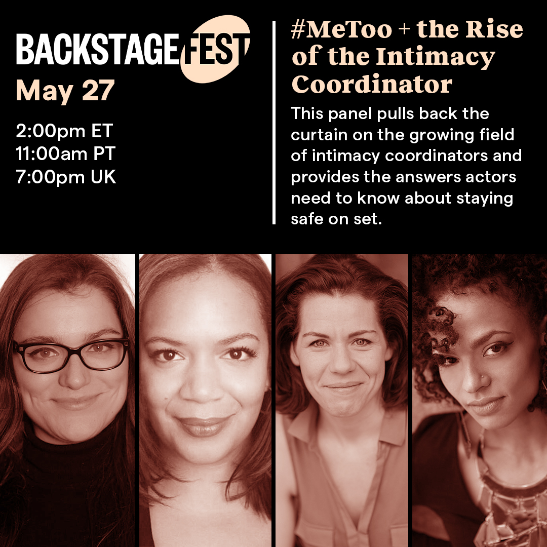 Backstage's tweet photo. In the call for on-set safety and consent, intimacy coordinators are an invaluable asset. Join us on Zoom for this #BackstageFest panel with @clairewarden, Amanda Blumenthal, Teniece Divya Johnson + Sasha Smith as they discuss the growing field. RSVP here: https://t.co/0tiQ46iaJE https://t.co/W8tu2l78II