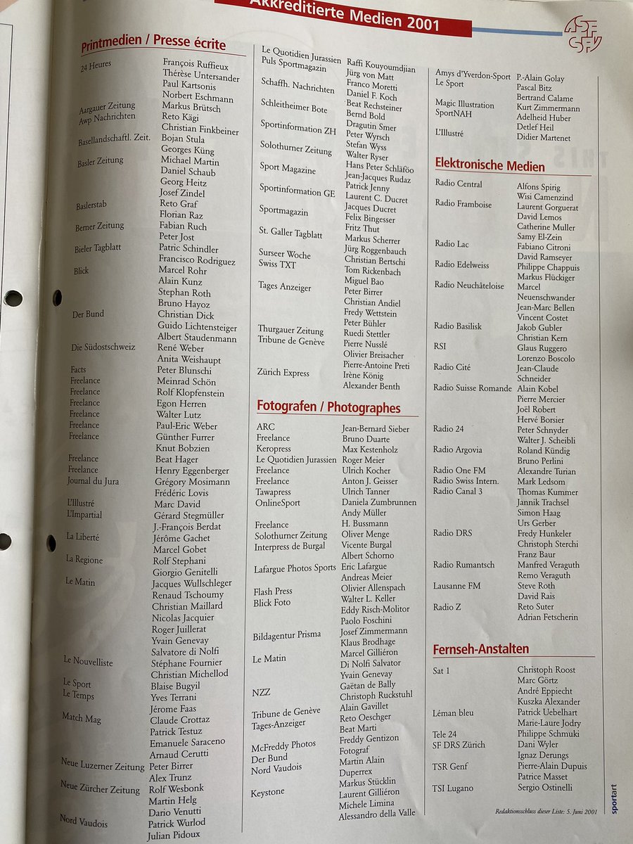 Si vous voulez vous faire une idée de ce que le journalisme (sportif) suisse a vécu comme bouleversements ces 20 dernières années, voici la liste des journalistes accrédités pour la finale de la Coupe de Suisse 2001 entre Servette et Yverdon. Je ne sais pas par où commencer.
