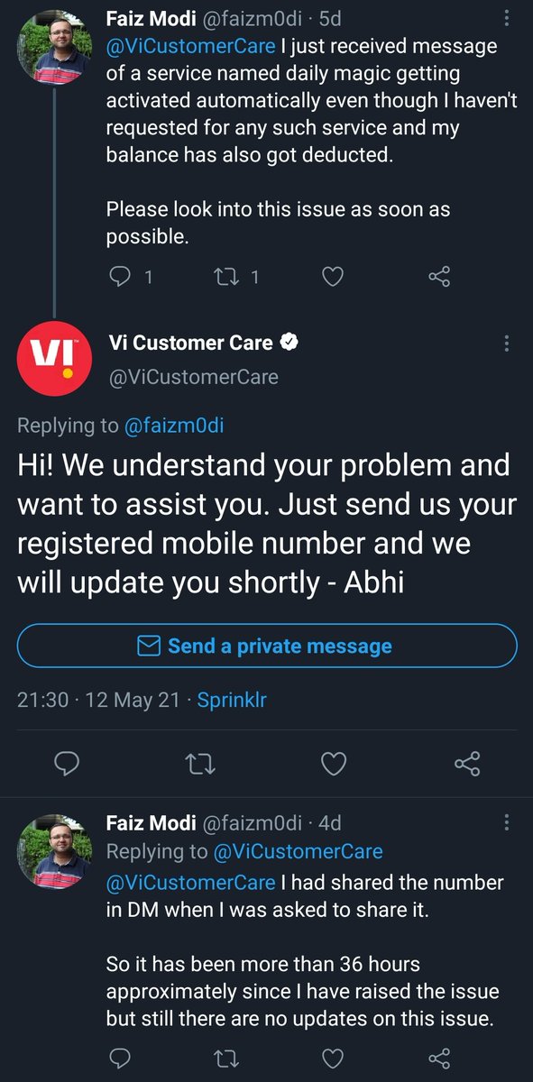 faizm0di's tweet photo. @ViCustomerCare It has been more than 5 days since I raised the issue of balance getting deducted for a service which I hadn't requested for, and the issue is not yet solved.

I am really disappointed &amp; now it feels like Vi doesn't care for their loyal customers anymore. https://t.co/B6ydNMIIbh