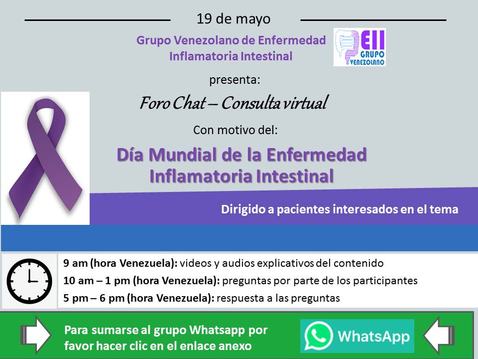 gveitia's tweet photo. Tienes Colitis Ulcerosa o Enfermedad de Crohn?. Mañana 19 de Mayo con motivo del Día Mundial de la EII, haremos Foro Chat Consulta Virtual EII para brindarte toda la información que requieras para aclarar dudas que puedas tener. https://t.co/FMfYH5kKFU https://t.co/SjrPC6yYGA