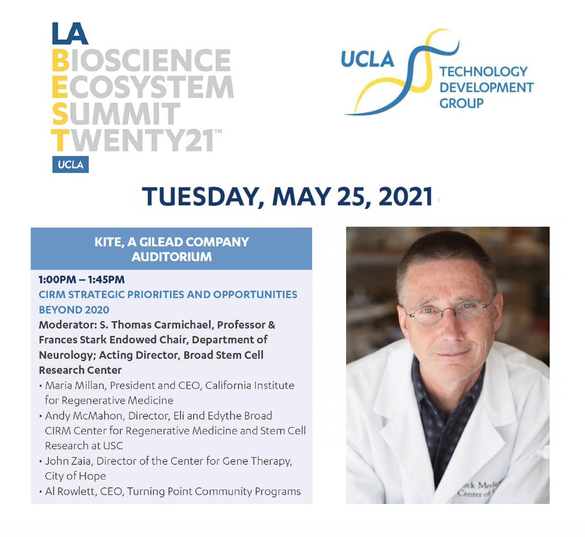 USCMESH's tweet image. On Tue 5/25 from 1pm-1:45pm, check out #LABEST21 &apos;s &quot;@CIRM Strategic Priorities &amp;amp; Opportunities Beyond 2021&quot; panel featuring #USC speaker Andrew McMahon, PhD, FRS, W.M. Keck Provost and University Professor &amp;amp; Chair of @USCStemCell  
For more info:
bit.ly/3uAb4ah