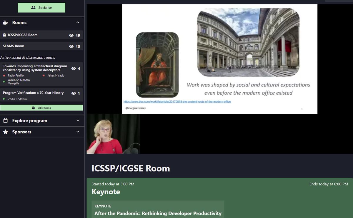 ICGSE's tweet photo. We're having our Academic Keynote by @margaretstorey with a peak of 49 attendees!
After the Pandemic: Rethinking Developer Productivity
#ICSSPICGSE2021 https://t.co/0Qmi2uXTp2
