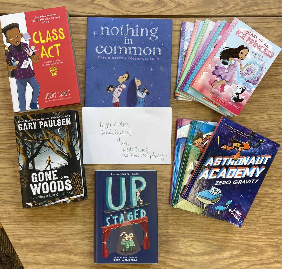 Still our beating hearts 💞@GPSDistrict #JC Ss received  #JLA box filled with favorites! #Grateful @NicoleLitAgent for this incredible gift of literature, they're ready to fly off our shelves! @JerryCraft #dianaasher #garypaulsen @yaytime @corinnaluyken @soontornvat #katehoefler