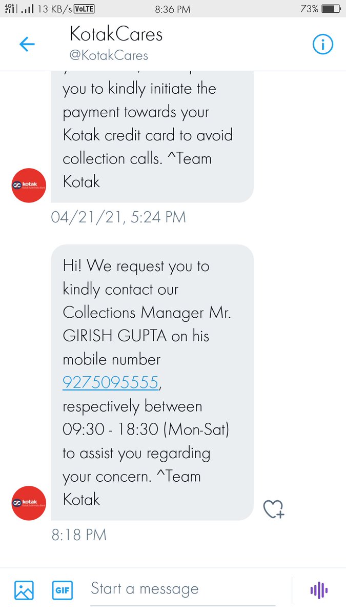 @SushmaBagga1 @KotakCares @KotakBankLtd @udaykotak @RBI @nsitharaman See bank still running away frm their duty. Giving collection manager number for talk. Wgat they will do..work only on banks order. M going to complain about this in police station.