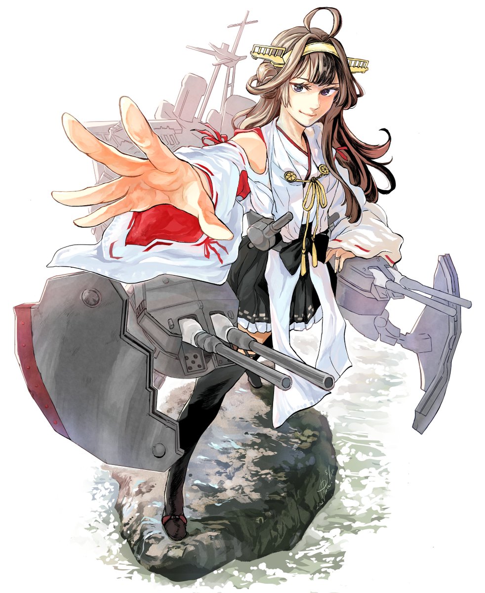 kongou (kancolle) 1girl solo brown hair long hair skirt thighhighs headgear  illustration images