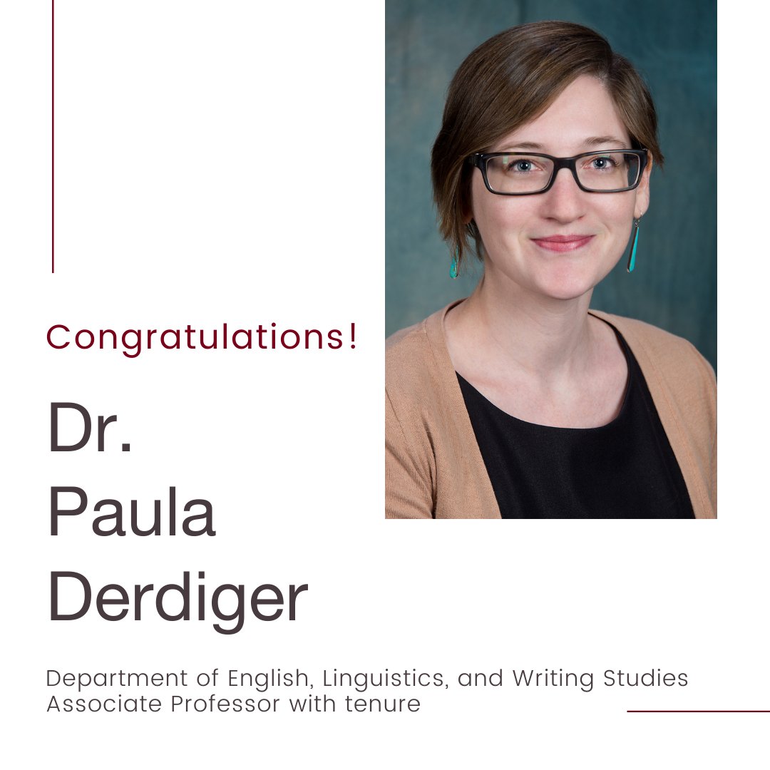 Congratulations to Dr. Paula Derdiger, Department of English, Linguistics, and Writing Studies, on receiving tenure and your promotion to Associate Professor!  #UMDCLA