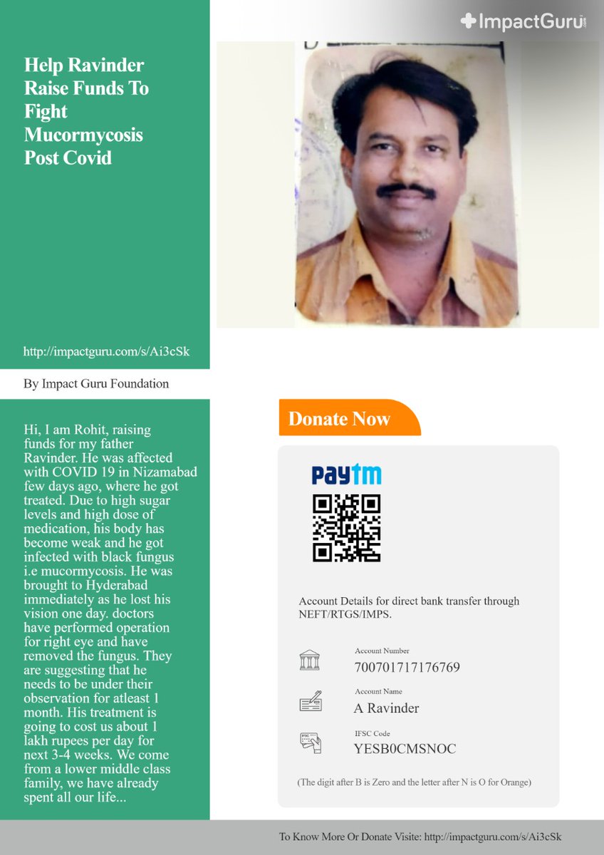 imvasisht's tweet photo. Please help us in raising funds for @rohitaakula's father Ravinder who is infected with black fungus and is undergoing treatment in yashoda malakpet. Your donations will bring his father home safe and sound
https://t.co/0yGkzN8MPx
UPI
supporta225@yesbankltd
@KTRTRS @SonuSood https://t.co/a8emOw2xZy