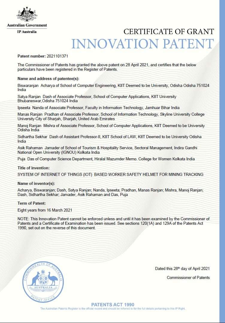 GnsUniversity_'s tweet photo. In a first for our University, Dr. Ipseeta Nanda, Faculty of IT, @GnsUniversity_  has been awarded an Australian Innovation PATENT titled “SYSTEM OF INTERNET OF THINGS (IOT) BASED WORKER SAFETY HELMET FOR MINING TRACKING”. @sanjayjavin @ugc_india @EduMinOfIndia @BiharEducation_ https://t.co/gSgXE2mYl1