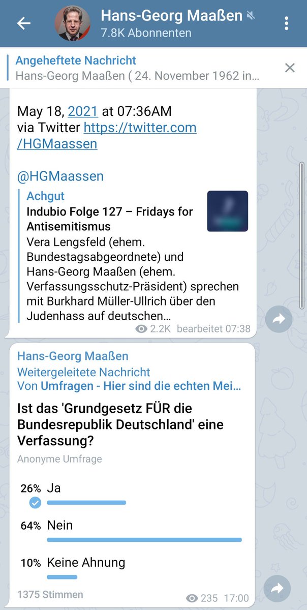 Er war sechs Jahre lang Präsident des Bundesamts für #Verfassungsschutz und kandidiert zur Bundestagswahl für die #CDU. Für die überwiegende Mehrheit seiner Fans hat die Bundesrepublik gar keine Verfassung. Mein Screenshot vom Telegram-Kanal von Hans-Georg #Maaßen:
#VSabschaffen