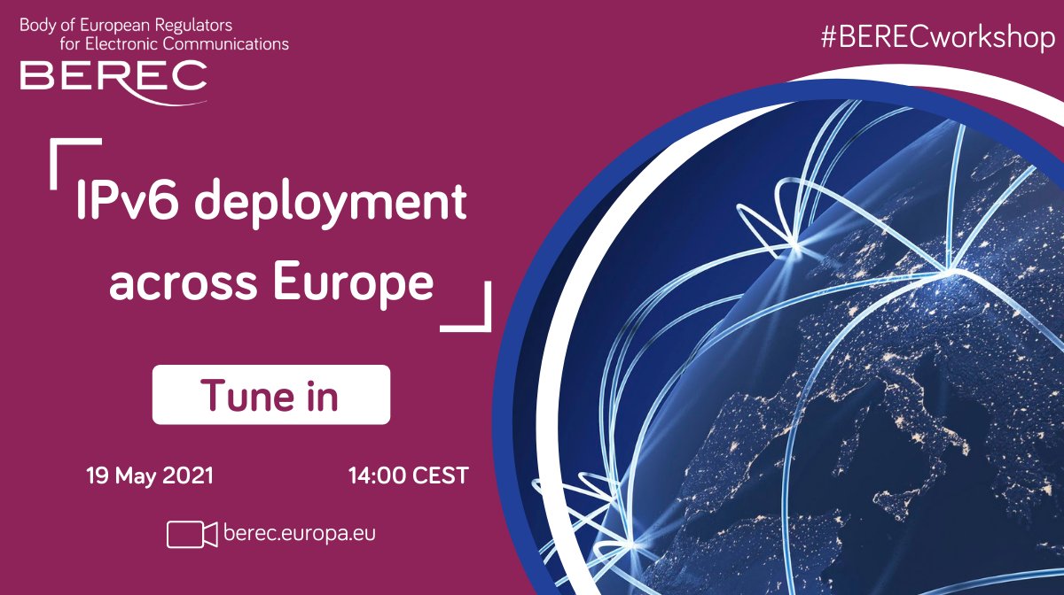 BERECeuropaeu's tweet photo. How #IPv6 can contribute to a stronger #DigitalEurope?
Join tomorrow's #BERECworkshop on #IPv6 deployment across #Europe🚀
📍#Livestream on https://t.co/cStcHB09dA - available under "Latest news" section shortly before the start
Register now➡️https://t.co/H89nH6xbjM
#telecoms https://t.co/EkObUmHc3o