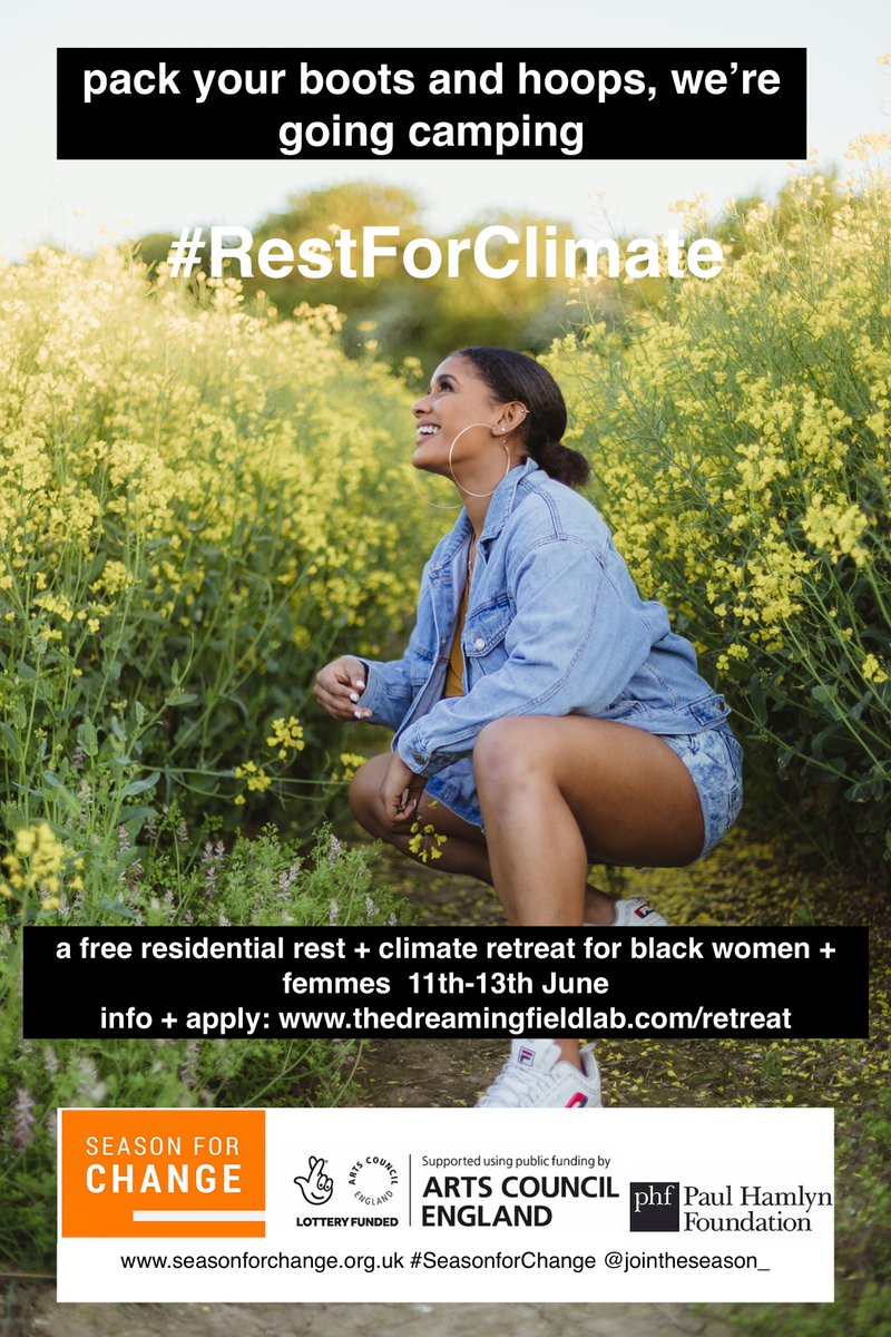 DreamFieldLab's tweet image. 📢📢📢 hyped to announce that applications for our fully funded residential retreat for black women + femmes = open...deadline 28th May 🖤 childcare bursaries available 🖤 coming to play out + rest with us? #RestForClimate #seasonforchange Info + apply: thedreamingfieldlab.com/retreat