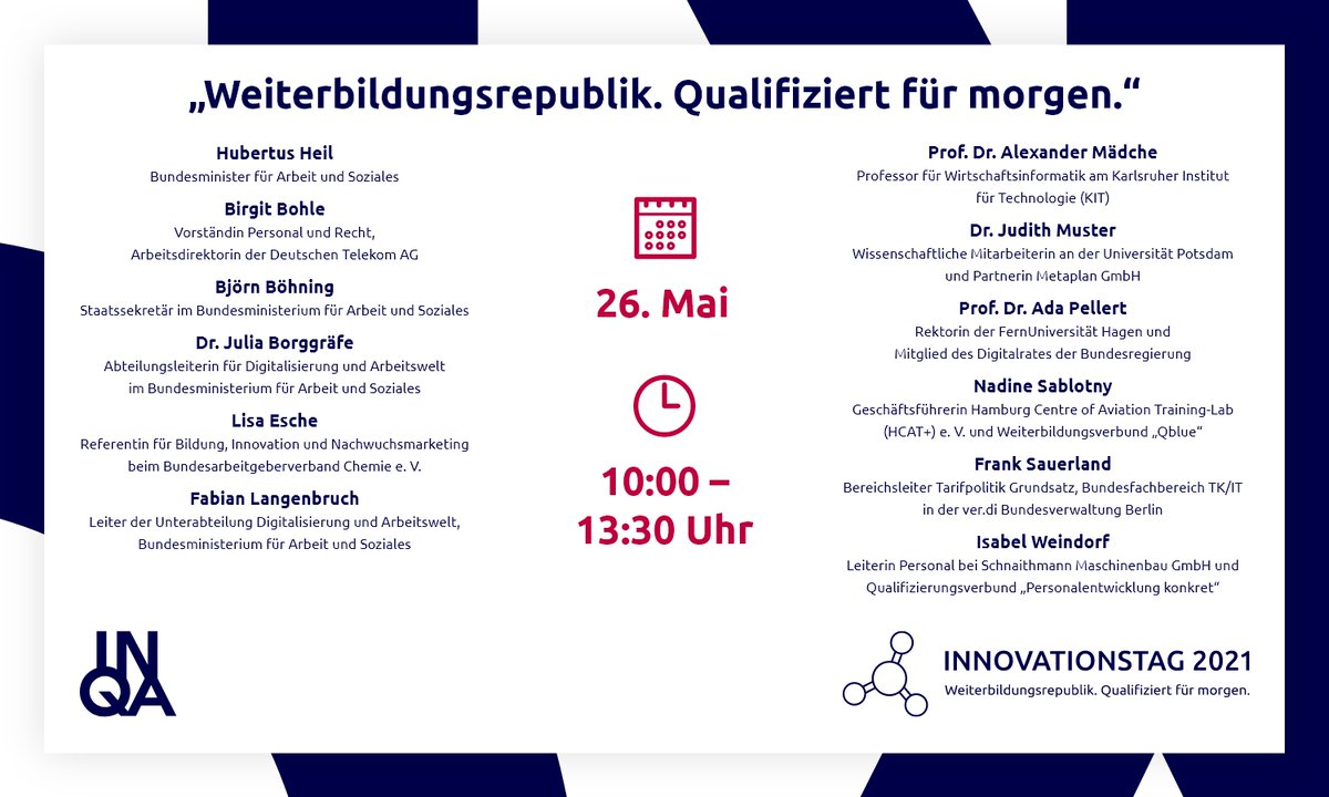 Am Mittwoch, 26. Mai sprechen wir mit Expert*innen wie <a href="/BoehningB/">Björn Böhning</a>, <a href="/bibohle/">Birgit Bohle</a> oder <a href="/ada_pellert/">Ada Pellert</a> zum Thema „Weiterbildungsrepublik. Qualifiziert für morgen“
Seien Sie dabei und diskutieren Sie mit 👉 reg.bmas.de/l79pX1phZAQl9Q… 
#Innovationstag2021 #Weiterbildungsrepublik