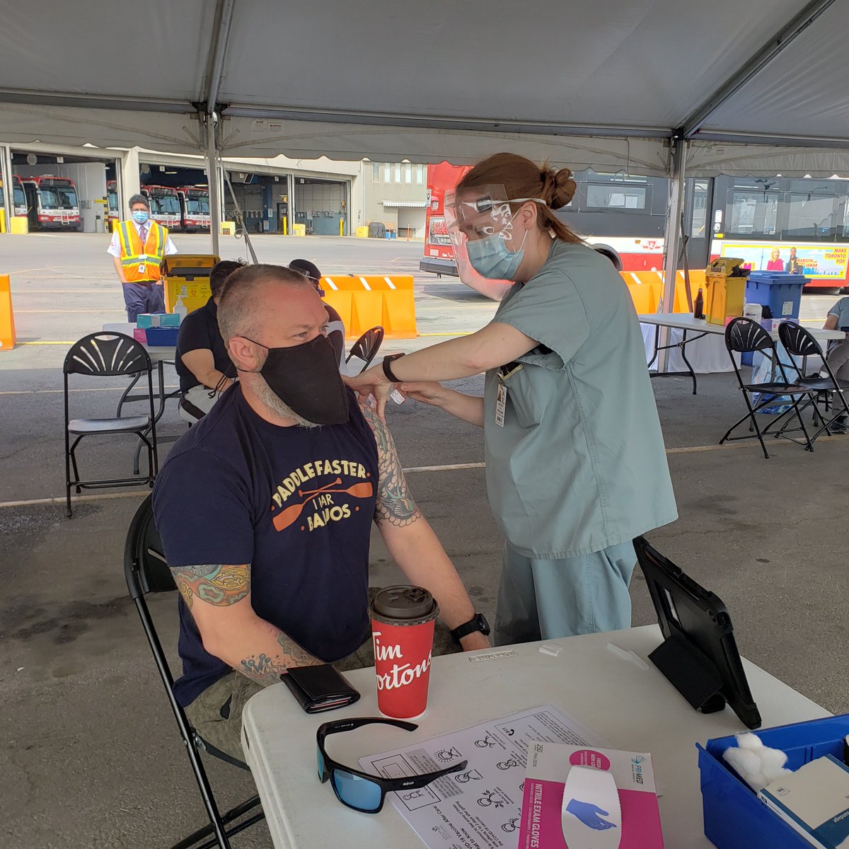 NYGH_News's tweet photo. The sun is shinning, and our Vaccine Team is happy to be at the Wilson Yard today vaccinating TTC workers. Thanks to @ATUlocal113, @TTChelps  and @PasternakTO for helping to make this happen! https://t.co/DucHcWf50F