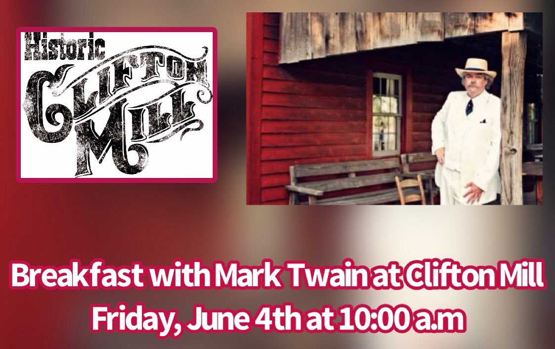 Join us for a limited engagement breakfast visit with Mark Twain, Friday morning, June 4th at 10:00 a.m. Seating is limited and your reservations for this special event is $25 per person. Reservations are required. The number to call for reservations is 937-767-5501.