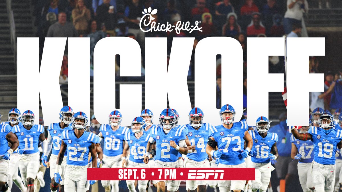 NEWS | Are you ready for some Monday Night Football? The start time and TV designation have been set for the Rebels' 2021 Chick-fil-A Kickoff matchup with Louisville.

📅 Monday, Sept. 6, 2021
⏰ 7 p.m. CT
📺 @ESPN

📰 bit.ly/3hxjGur