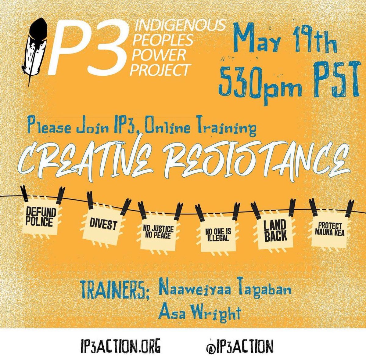 ndncollective's tweet photo. Tomorrow 5/19 @ 5:30PST - Join @IP3Action in FREE "Creative Resistance" training, instructed by Exec Dir., Asa Wright & Indigenous Creative, Naawéiyaa Tagaban!🎨 Register via Zoom here: https://t.co/tChZaIj1YN
#CreativeResistance #ip3action #DefendDevelopDecolonize https://t.co/oNKLxPrf5W