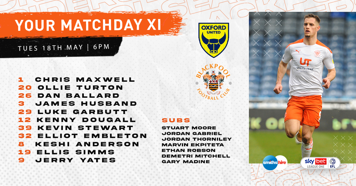 BlackpoolFC's tweet photo. 🔢 Today's team in association with @smithshire:

🔸 Ballard and Husband at the back
🔸 Simms and Yates up top
🔸 Madine, Mitchell and Robson all on the bench.

🍊 #UTMP https://t.co/2d8ySvkhRo