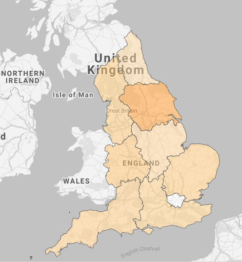 parkrunUK's tweet photo. As we continue to work with landowners across England to get permissions to restart, here's a map of the situation so far. Darker apricot represents a higher % of permissions. Yorkshire and the Humber lead the way with 75% 🎉 , but London, this is awkward...👀 

🌳 #loveparkrun https://t.co/I2gchfT9PT