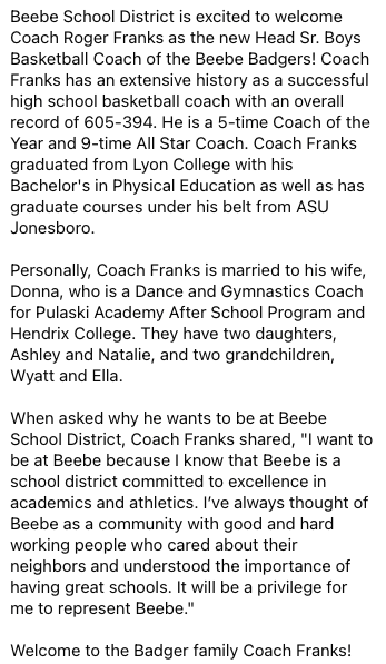 Beebe School District is excited to welcome Coach Roger Franks as the new Head Sr. Boys Basketball Coach of the Beebe Badgers! #BPRD