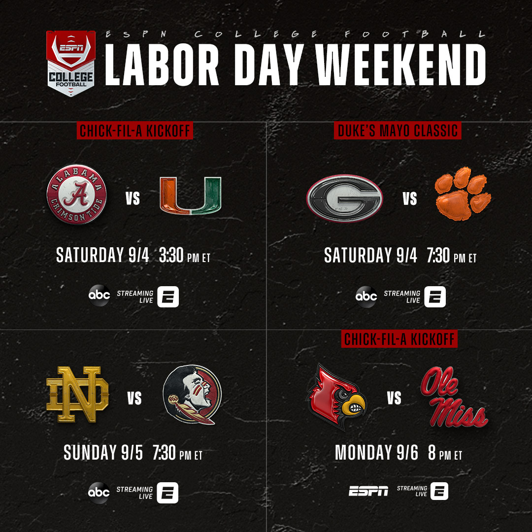 FBSchedules.com on X: 'ESPN announces Labor Day weekend kickoff and  television coverage for four games.  / X