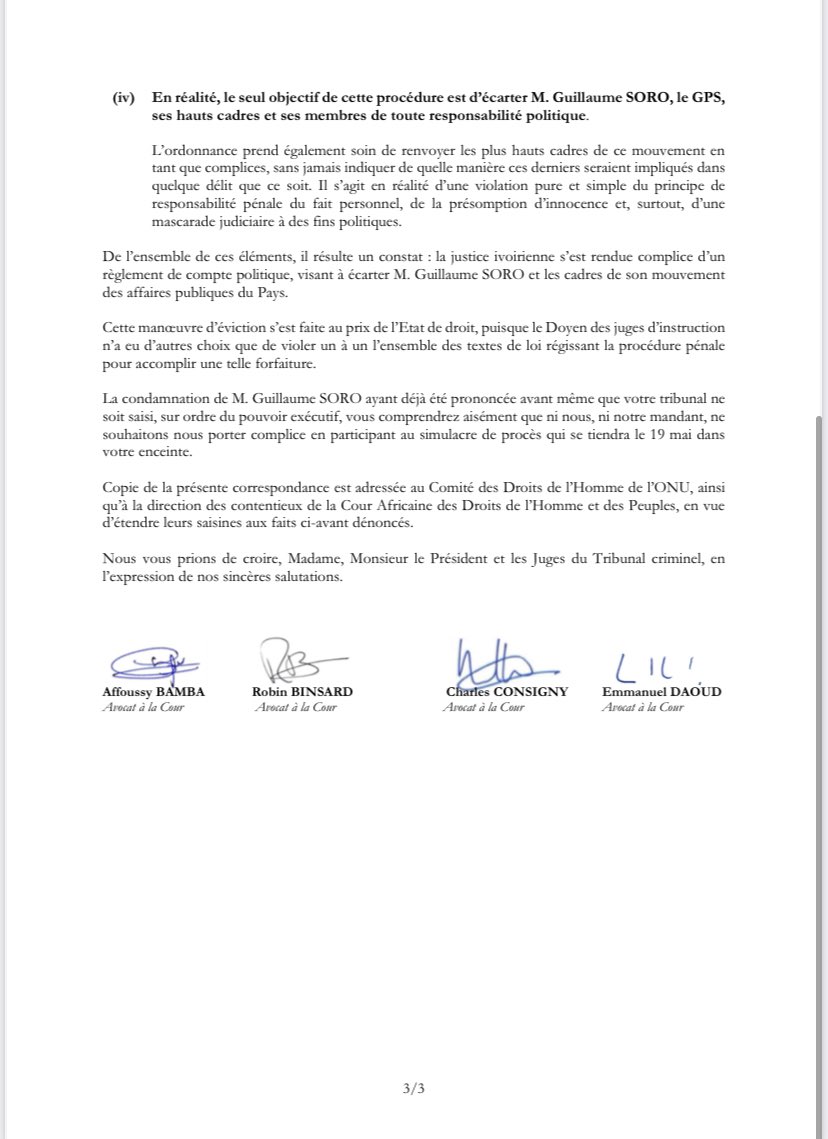 RobinBinsard's tweet photo. Puisque dans cette machination judiciaire la condamnation de @SOROKGUILLAUME était déjà acquise avant même que le tribunal ne soit saisi, nous ne serons pas complices du simulacre de procès qui se tiendra demain en Côte d’Ivoire, au mépris des plus élémentaires règles de droit. https://t.co/3b7ynCl9Qn