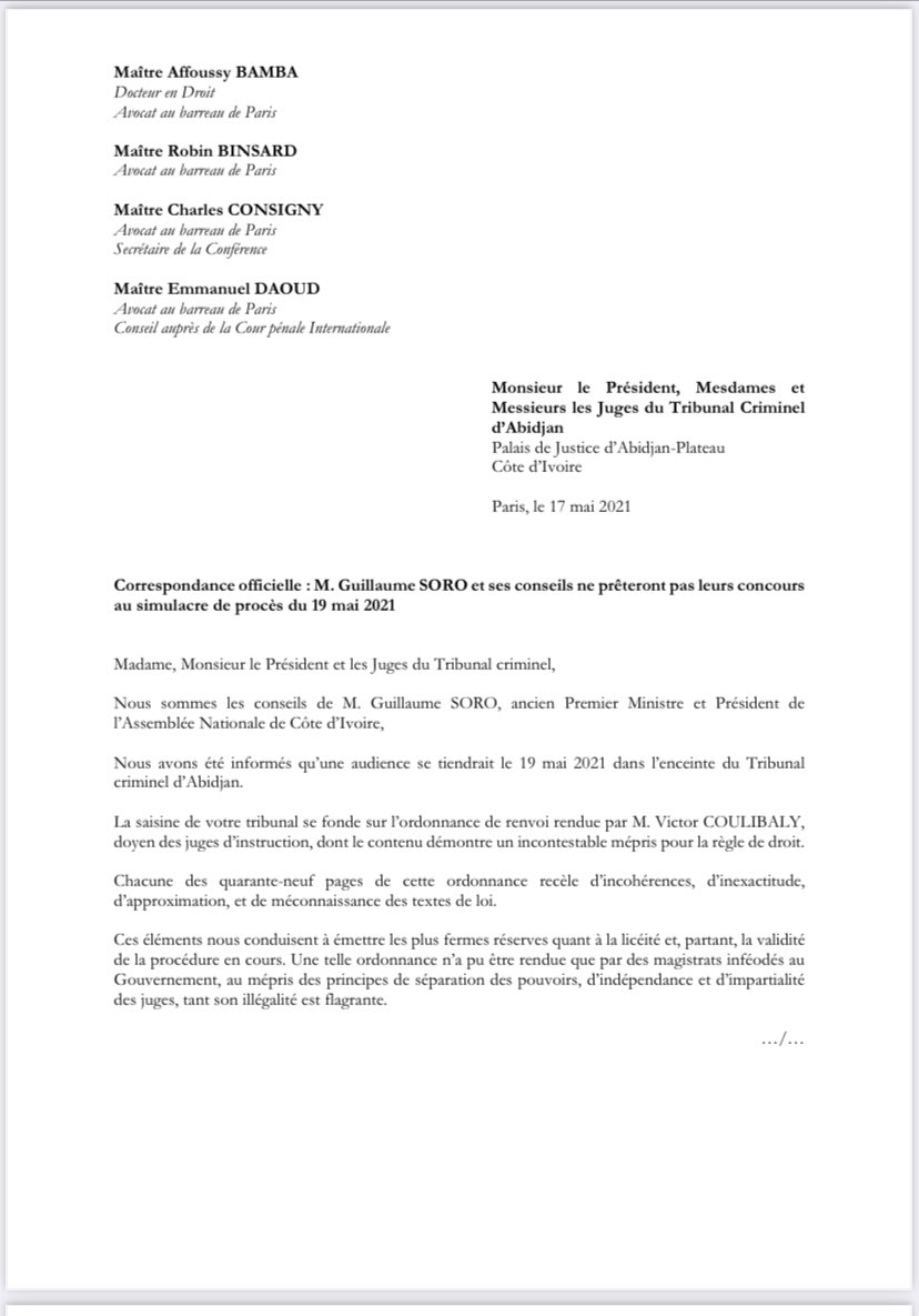 RobinBinsard's tweet photo. Puisque dans cette machination judiciaire la condamnation de @SOROKGUILLAUME était déjà acquise avant même que le tribunal ne soit saisi, nous ne serons pas complices du simulacre de procès qui se tiendra demain en Côte d’Ivoire, au mépris des plus élémentaires règles de droit. https://t.co/3b7ynCl9Qn