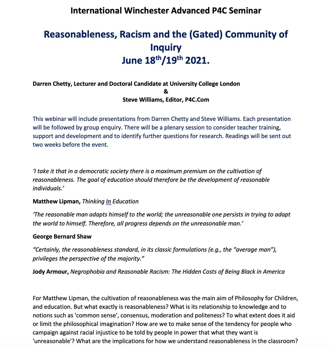 rapclassroom's tweet photo. If you're interested in Philosophy for Children and /or antiracist education, I've been invited to speak about 'Reasonableness, Racism and the (Gated) Community of Inquiry at the Advanced #P4C Seminar in June, along with Steve Williams. Details below. https://t.co/iLasFtYgOR