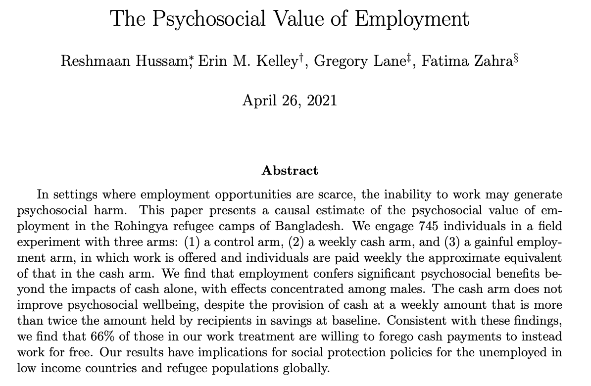 SUPER important RCT in Rohingya refugee camps showing that gainful employment confers psychosocial benefits over and above an equally well-paid direct cash transfer

(couldn't find authors on twitter, if you know where they are pls tag them below)

hbs.edu/ris/Publicatio…