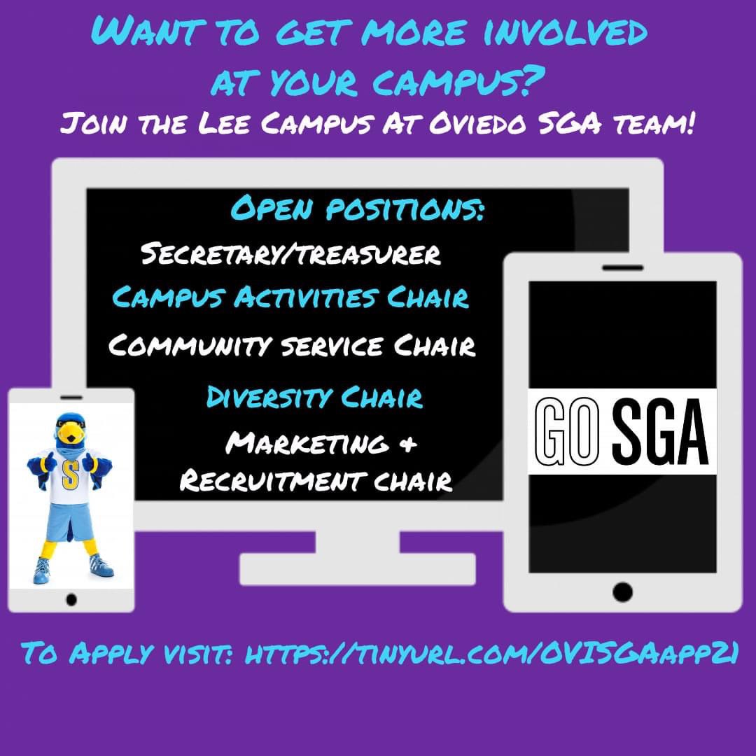 sscovisga's tweet photo. Do you want to get more involved at your home campus? Join the Lee Campus at Oviedo SGA Team! We are looking for new officers to fill our vacant positions! See the flyer for more information or apply at: https://t.co/ynjRtMH1Oe. DEADLINE TO APPLY IS: THURSDAY, JUNE 3rd at 4pm https://t.co/22RHbxMM7A