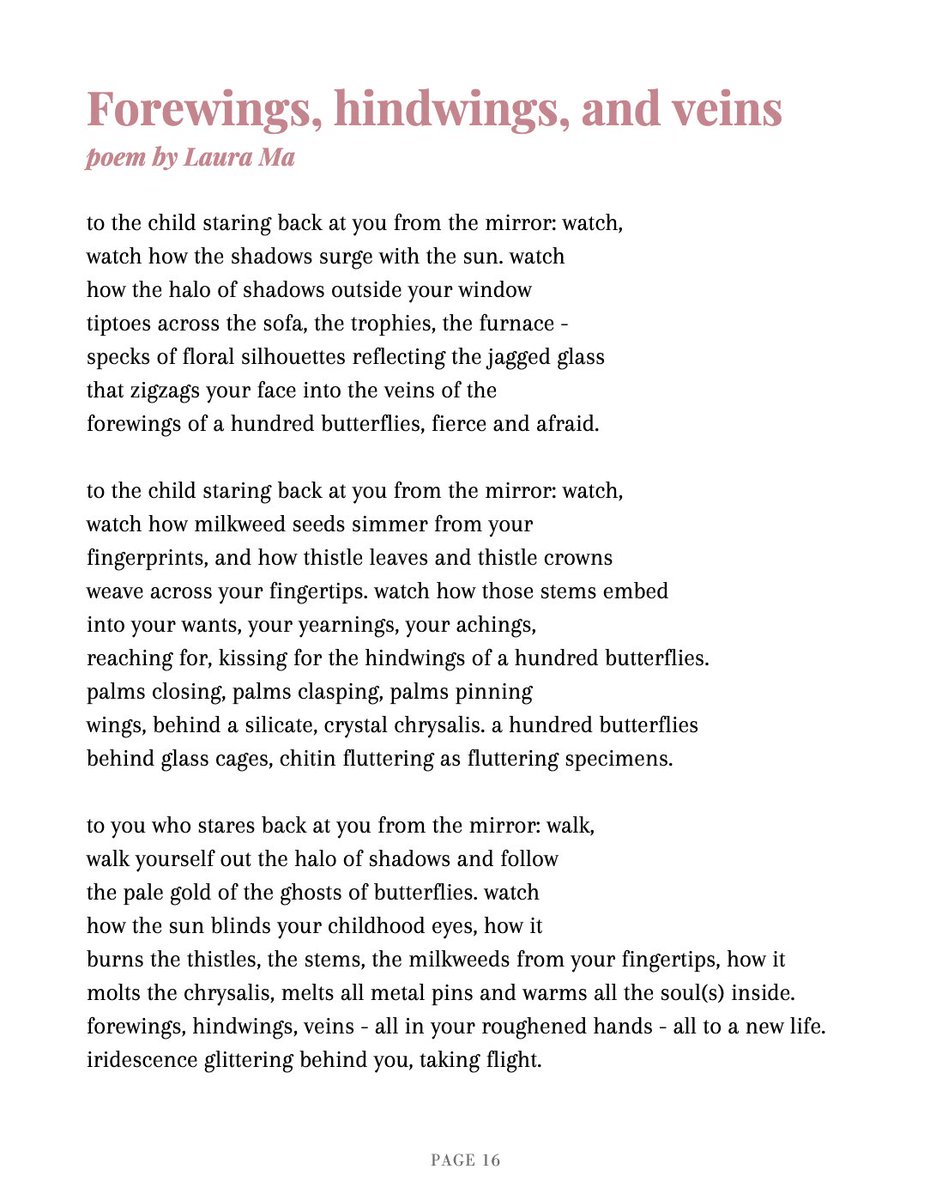laura 🍓 (@goldenhr3) on Twitter photo absolutely honored to have my poem abt butterflies, childhood & growth "Forewings, hindwings, and veins" in <a href="/ParacosmLit/">Paracosm Literary Journal | Read Issue 01!</a>'s inaugural issue: metamorphosis! 🦋💚
tysm to paracosm editors for publishing my 1st poem!
read more lovely pieces here: paracosmlit.wixsite.com/my-site/issue-… absolutely honored to have my poem abt butterflies, childhood & growth "Forewings, hindwings, and veins" in <a href="/ParacosmLit/">Paracosm Literary Journal | Read Issue 01!</a>'s inaugural issue: metamorphosis! 🦋💚
tysm to paracosm editors for publishing my 1st poem!
read more lovely pieces here: paracosmlit.wixsite.com/my-site/issue-…