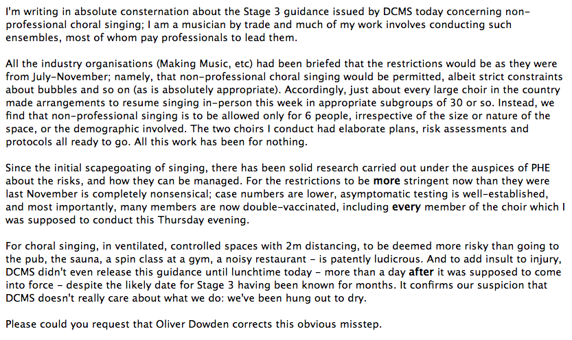 Andrew Griffiths (@colla_voce) on Twitter photo .<a href="/MakingMusic_UK/">Making Music UK</a> suggests we lobby our MPs about the absurd regulations around non-professional choirs. Here's my letter, in case it's a useful template for anyone else. .<a href="/MakingMusic_UK/">Making Music UK</a> suggests we lobby our MPs about the absurd regulations around non-professional choirs. Here's my letter, in case it's a useful template for anyone else.